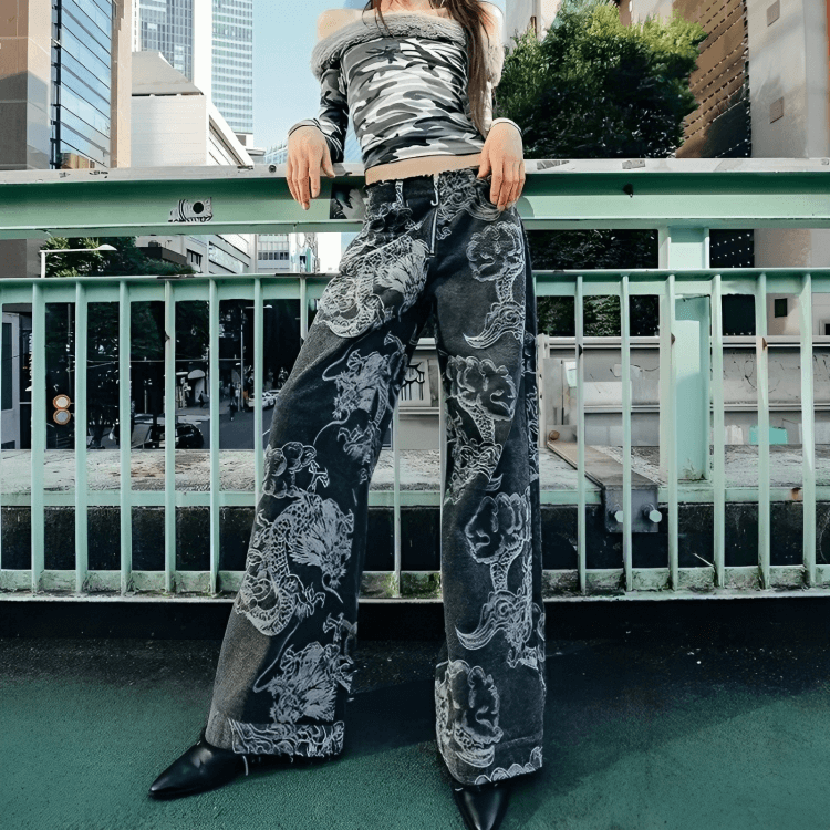 Y2K Fashion Dragon Printed Jeans - Grunge Aesthetic & Coquette Style