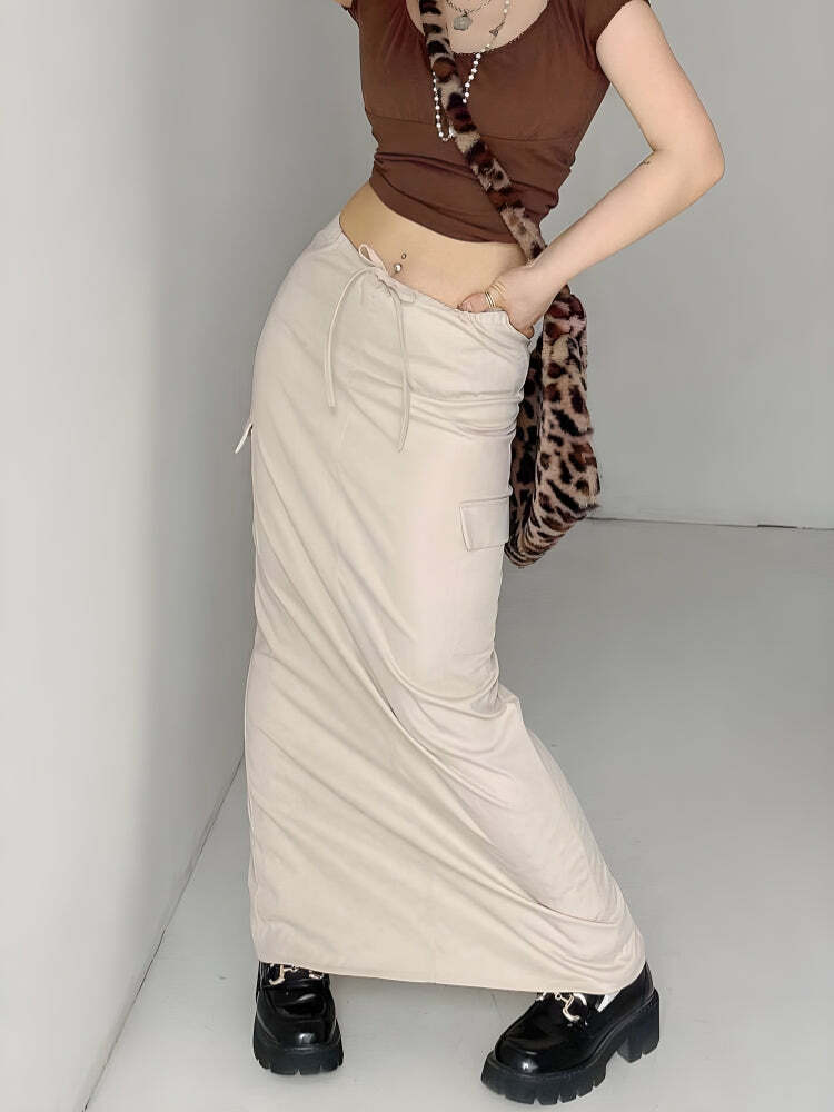 Y2K Fashion Drawstring Waist Parachute Maxi Skirt - Grunge & Coquette Style