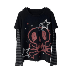 Y2K Fashion Emo Skull Long Sleeve Tee - Grunge Aesthetic Oversized Style