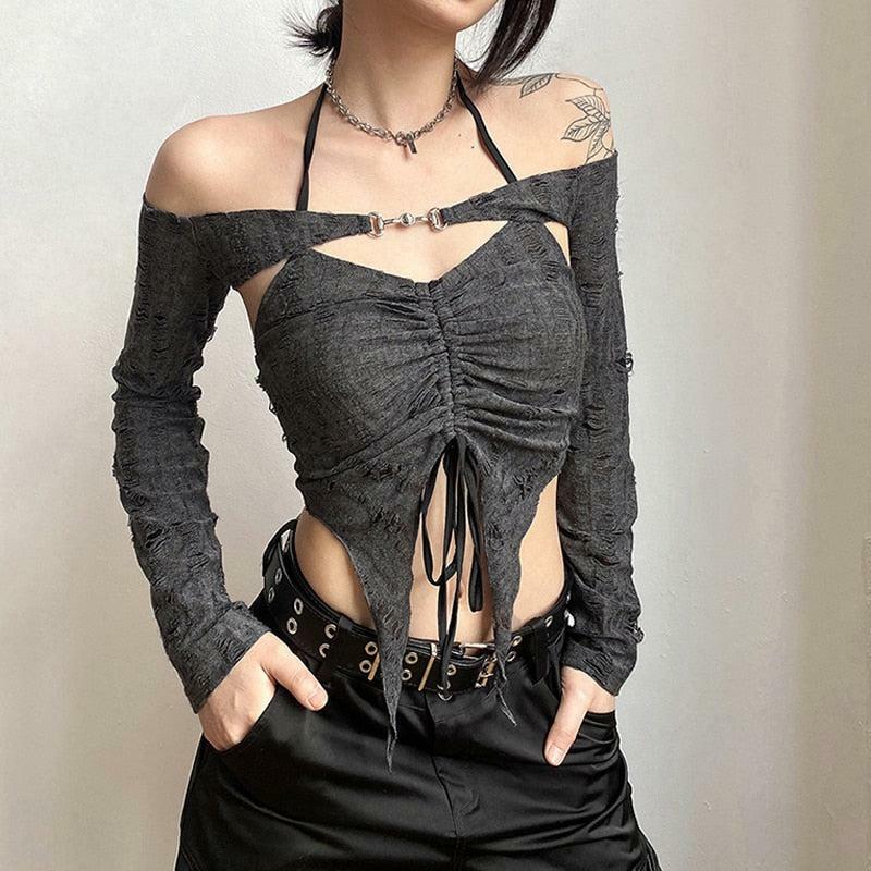 Y2K Fashion Fairy Grunge Detachable Sleeve Halter Top for Aesthetic Outfits