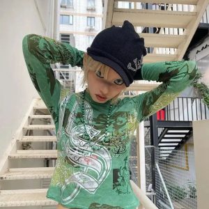 Y2K Fashion Fairy Grunge Print Top - Cute Oversized Aesthetic Tee