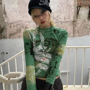 Y2K Fashion Fairy Grunge Print Top - Cute Oversized Aesthetic Tee