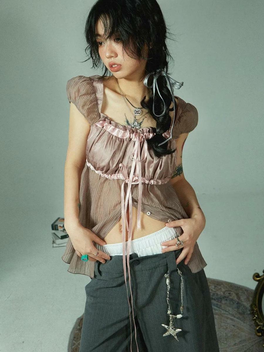 Y2K Fashion Fairy Grunge Sheer Ruched Top - Coquette Aesthetic Style