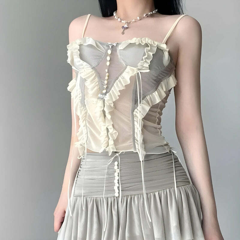 Y2K Fashion Fairycore Ruffled Mesh Corset Top - Coquette Aesthetic Style