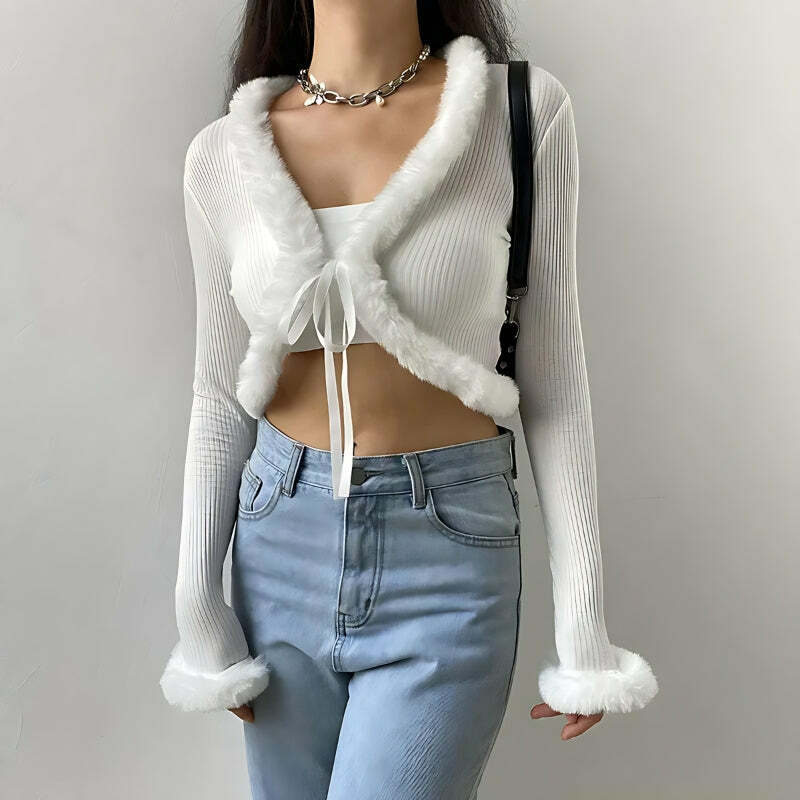 Y2K Fashion Faux Fur Corduroy Crop Cardigan for Coquette Aesthetic