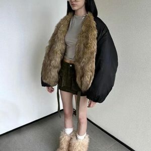 Y2K Fashion Faux Fur Puffer Jacket - Coquette & Grunge Aesthetic Style