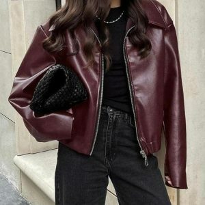 Y2K Fashion Faux Leather Burgundy Jacket - Grunge & Coquette Style