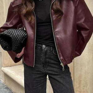 Y2K Fashion Faux Leather Burgundy Jacket - Grunge & Coquette Style