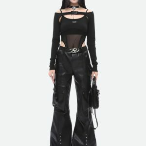 Y2K Fashion Faux Leather Cargo Pants for Grunge & Coquette Aesthetic