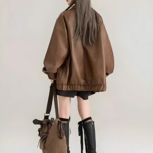 Y2K Fashion Faux Leather Oversized Jacket for Grunge & Coquette Aesthetic