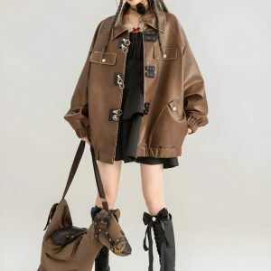 Y2K Fashion Faux Leather Oversized Jacket for Grunge & Coquette Aesthetic