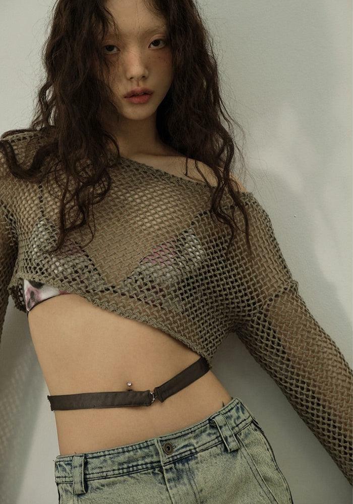 Y2K Fashion Fishnet Crop Shrug Sweater - Grunge & Coquette Aesthetic