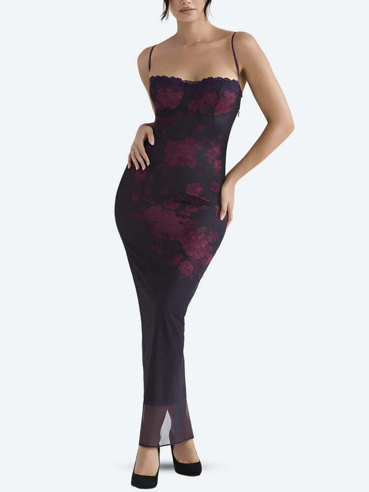 Y2K Fashion Floral Bodycon Lace Up Mesh Maxi Dress - Coquette Aesthetic