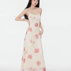 Y2K Fashion Floral Mesh Spaghetti Strap Maxi Dress - Coquette Aesthetic