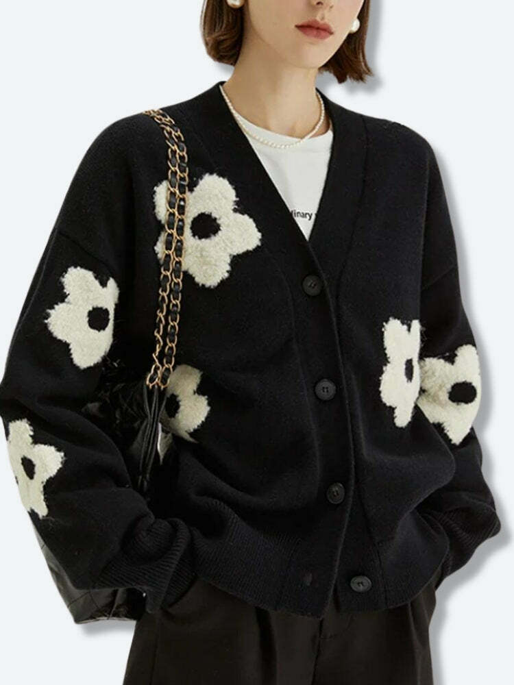 Y2K Fashion Flower Cardigan: Coquette Aesthetic Oversized Sweater