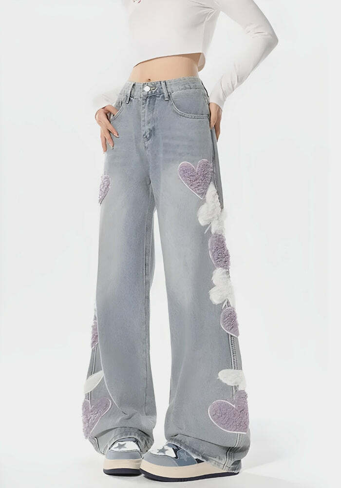 Y2K Fashion Fluffy Heart Butterfly Jeans - Cute Coquette Aesthetic Style