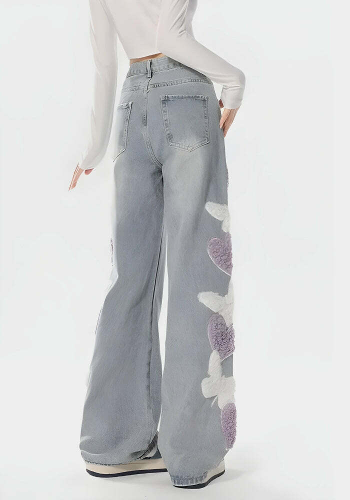 Y2K Fashion Fluffy Heart Butterfly Jeans - Cute Coquette Aesthetic Style