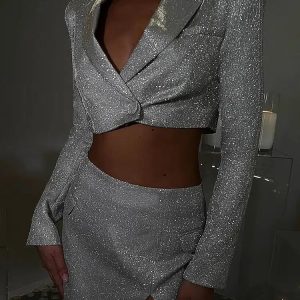 Y2K Fashion Glitter Crop Jacket & Mini Skirt Set - Coquette Aesthetic