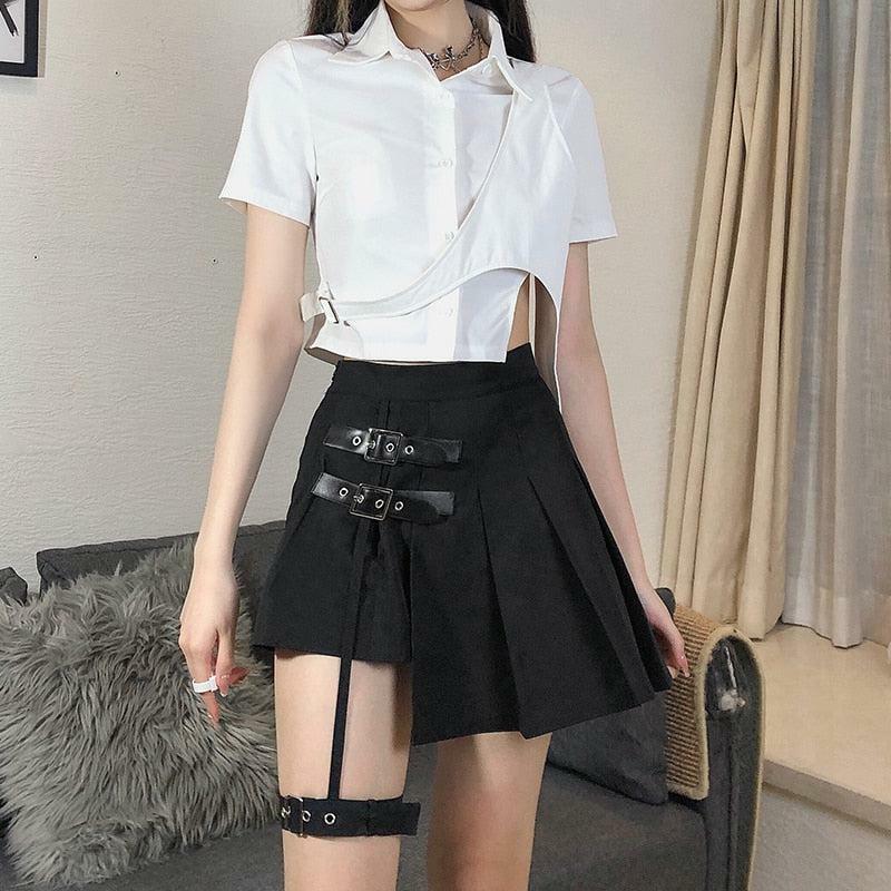 Y2K Fashion Goth Belt Detail Mini Skirt - Grunge Aesthetic Coquette Style