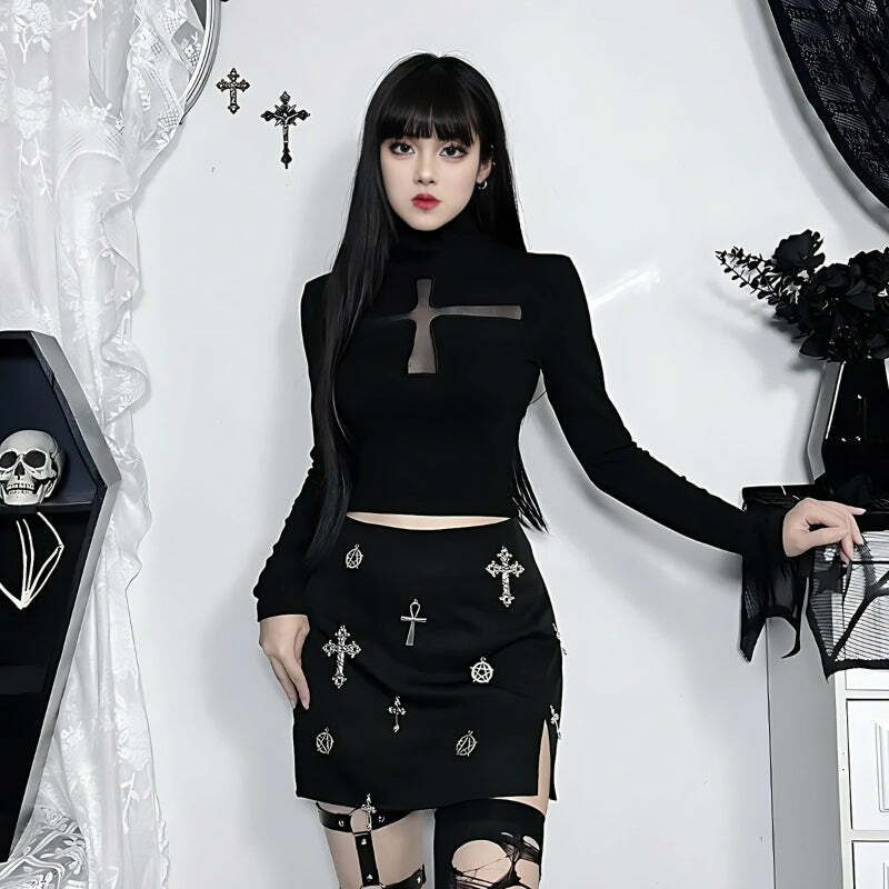 Y2K Fashion Goth Cross Cut Out Top - Emo & Grunge Aesthetic Style