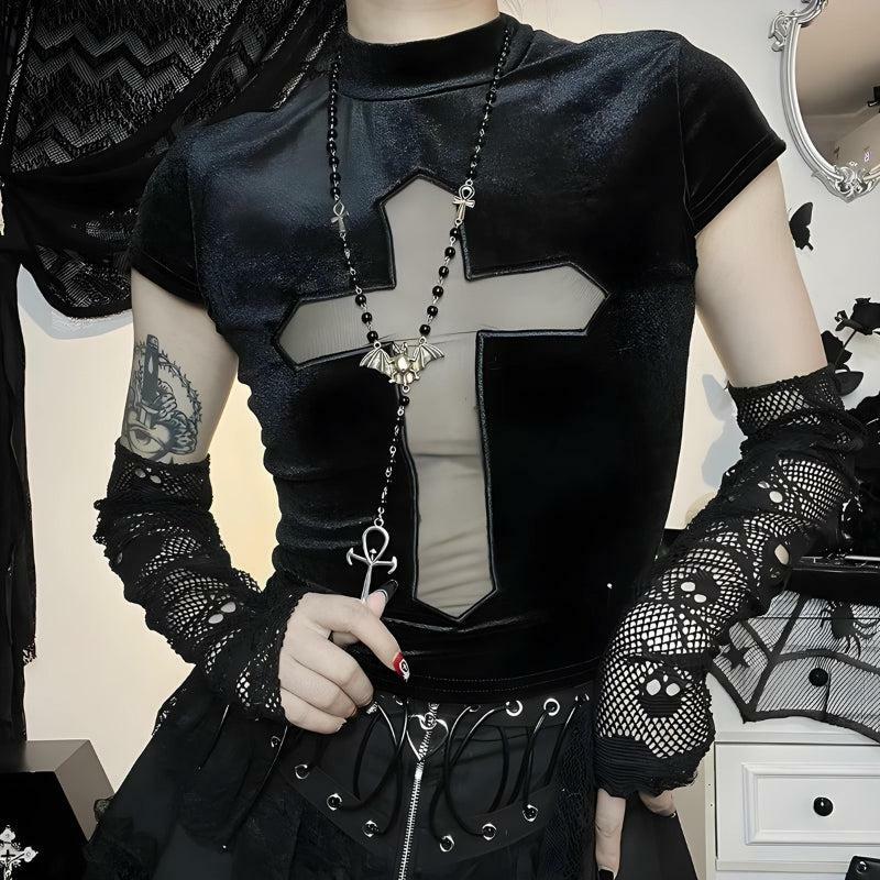 Y2K Fashion Goth Cross Cut Out Velvet Top - Emo & Grunge Aesthetic Style