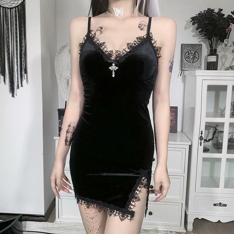 Y2K Fashion Goth Cross Detail Mini Dress - Emo & Grunge Aesthetic Style