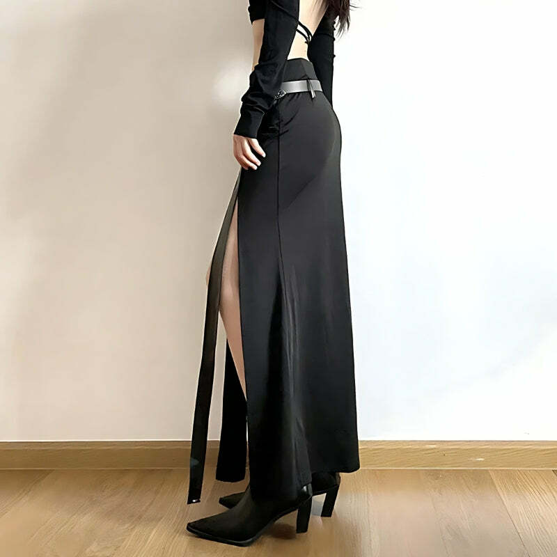 Y2K Fashion Goth Double Slit Maxi Skirt - Grunge Aesthetic & Coquette Style