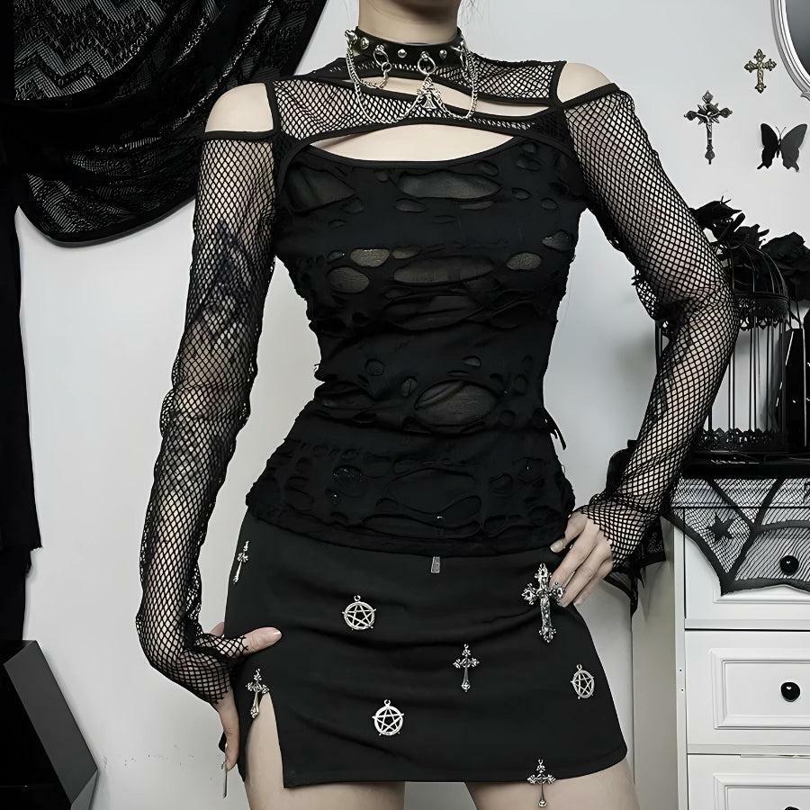 Y2K Fashion Goth Fishnet Ripped Top - Emo & Grunge Aesthetic Wear