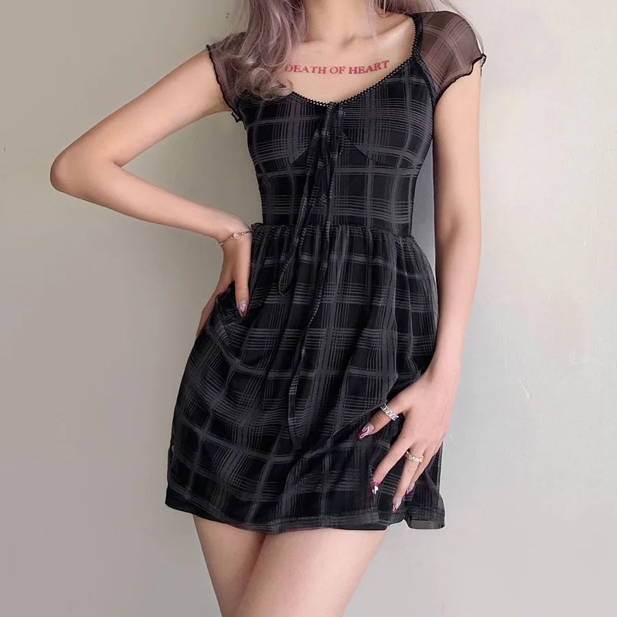 Y2K Fashion Goth Plaid Mini Dress - Emo & Grunge Aesthetic Outfit