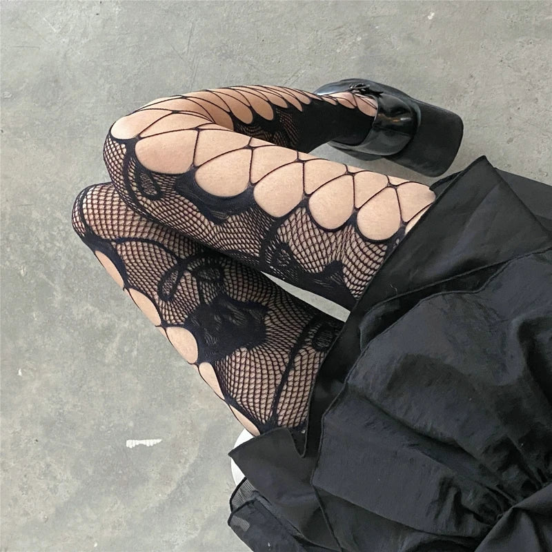 Y2K Fashion Goth Rose Fishnet Tights for Emo and Grunge Aesthetic Outfits