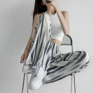 Y2K Fashion Gray Stripes Loose Pants - Grunge Aesthetic & Coquette Style