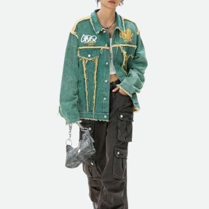 Y2K Fashion Green Denim Jacket - Grunge Aesthetic Oversized Style