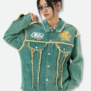 Y2K Fashion Green Denim Jacket - Grunge Aesthetic Oversized Style