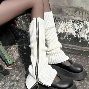 Y2K Fashion Grunge Zip-Up Knitted Leg Warmers for Coquette Aesthetic