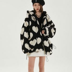 Y2K Fashion Heart Pattern Oversized Hoodie - Coquette & Grunge Style