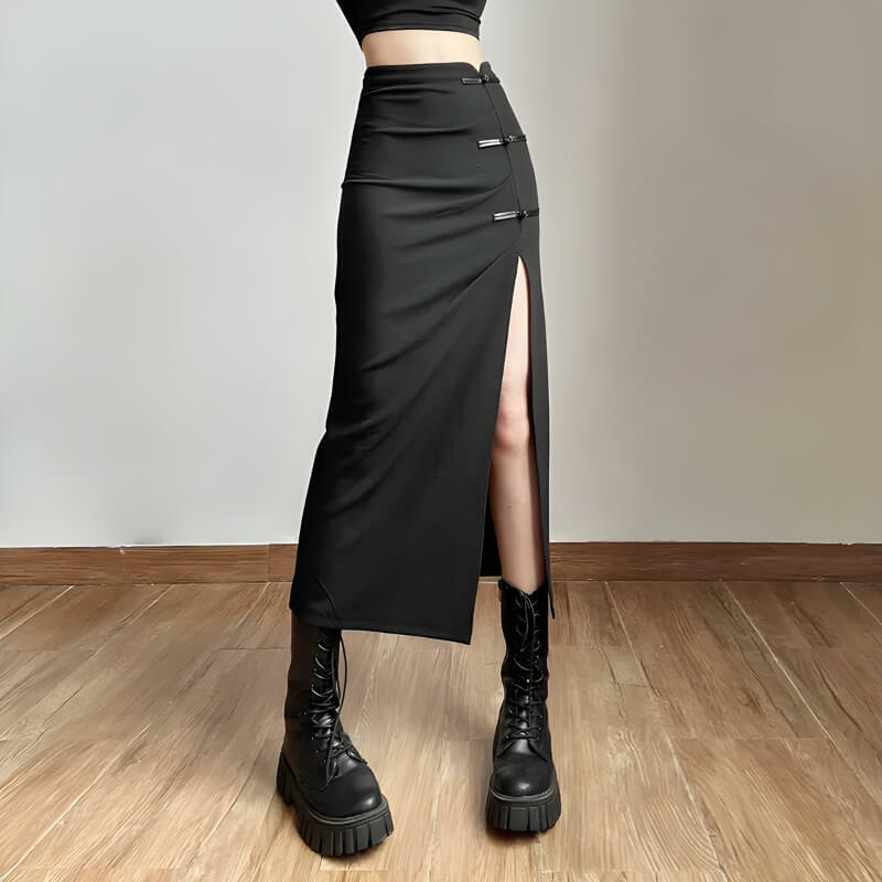 Y2K Fashion High Split Midi Pencil Skirt - Dark Coquette Aesthetic Style