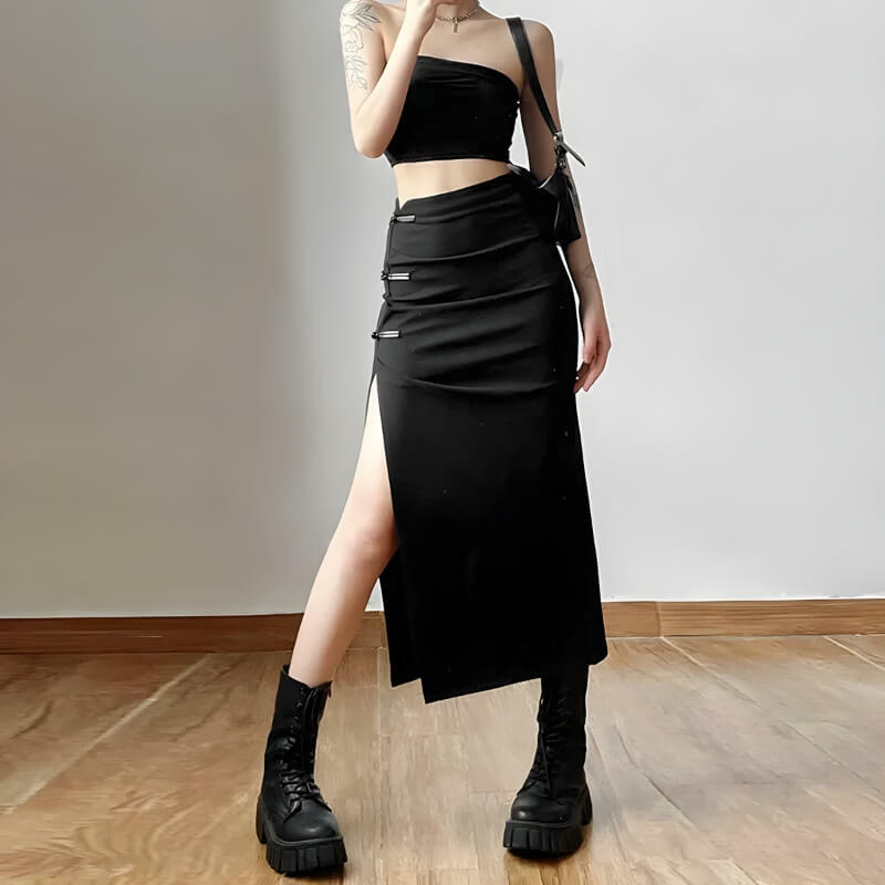 Y2K Fashion High Split Midi Pencil Skirt - Dark Coquette Aesthetic Style