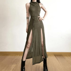 Y2K Fashion Hooded Slit Maxi Dress - Coquette Aesthetic & Grunge Style