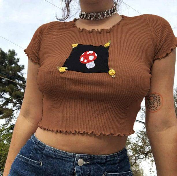 Y2K Fashion Indie Mushroom Crop Top - Cute Aesthetic Grunge Style