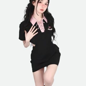 Y2K Fashion Kawaii Cherry Cut Out Mini Polo Dress - Coquette Aesthetic