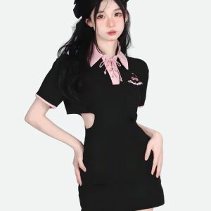 Y2K Fashion Kawaii Cherry Cut Out Mini Polo Dress - Coquette Aesthetic