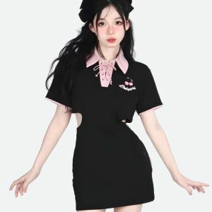 Y2K Fashion Kawaii Cherry Cut Out Mini Polo Dress - Coquette Aesthetic