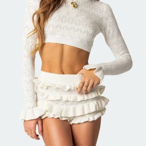 Y2K Fashion Knitted Crop Top & Ruffled Shorts Set - Coquette Aesthetic