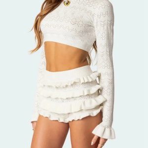 Y2K Fashion Knitted Crop Top & Ruffled Shorts Set - Coquette Aesthetic