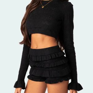 Y2K Fashion Knitted Crop Top & Ruffled Shorts Set - Coquette Aesthetic