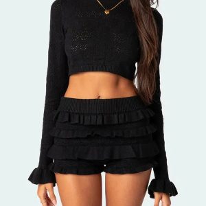 Y2K Fashion Knitted Crop Top & Ruffled Shorts Set - Coquette Aesthetic