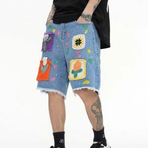 Y2K Fashion Knitted Flower Patch Denim Shorts - Coquette & Grunge Style