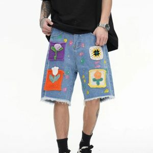 Y2K Fashion Knitted Flower Patch Denim Shorts - Coquette & Grunge Style