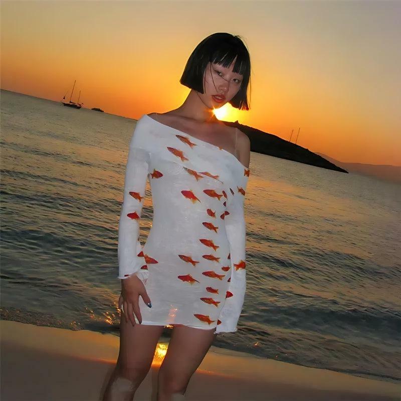 Y2K Fashion Koi Fish Mesh Mini Dress - Coquette Aesthetic & Grunge Style