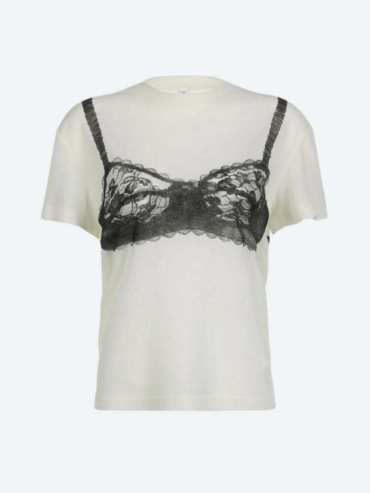 Y2K Fashion Lace Bra Tee - Coquette Aesthetic & Grunge Style Top